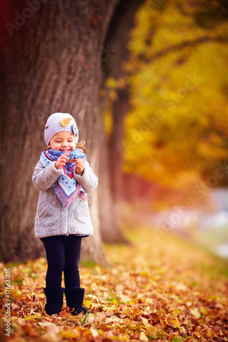 adorable happy baby girl having fun in autumn park  admiring the fallen leaves