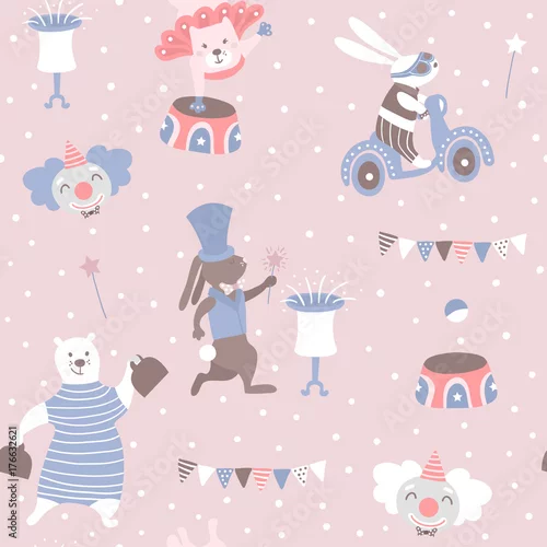 Tapety Wzór z artystami zwierząt. Cyrk wektor dziecinne tło.