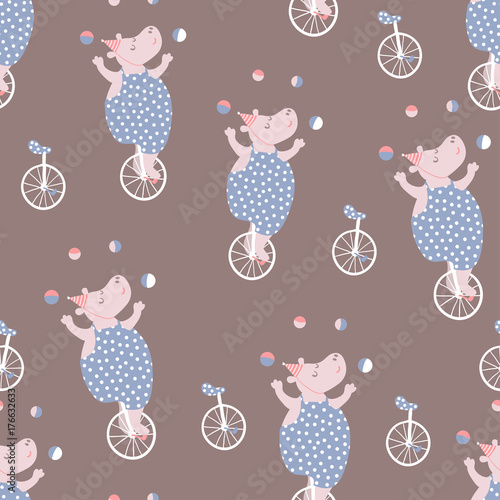 Seamless pattern with hippo artists. Circus vector childish background.