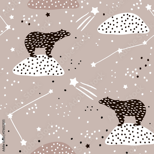 Seamless pattern with polar bears silhouette and Constellations . Perfect for fabric,textile.Vector background