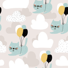 Deken met foto Dieren met ballon patronen Seamless childish pattern with cute cats flying with balloon. Creative nursery background. Perfect for kids design, fabric, wrapping, wallpaper, textile, apparel  © solodkayamari