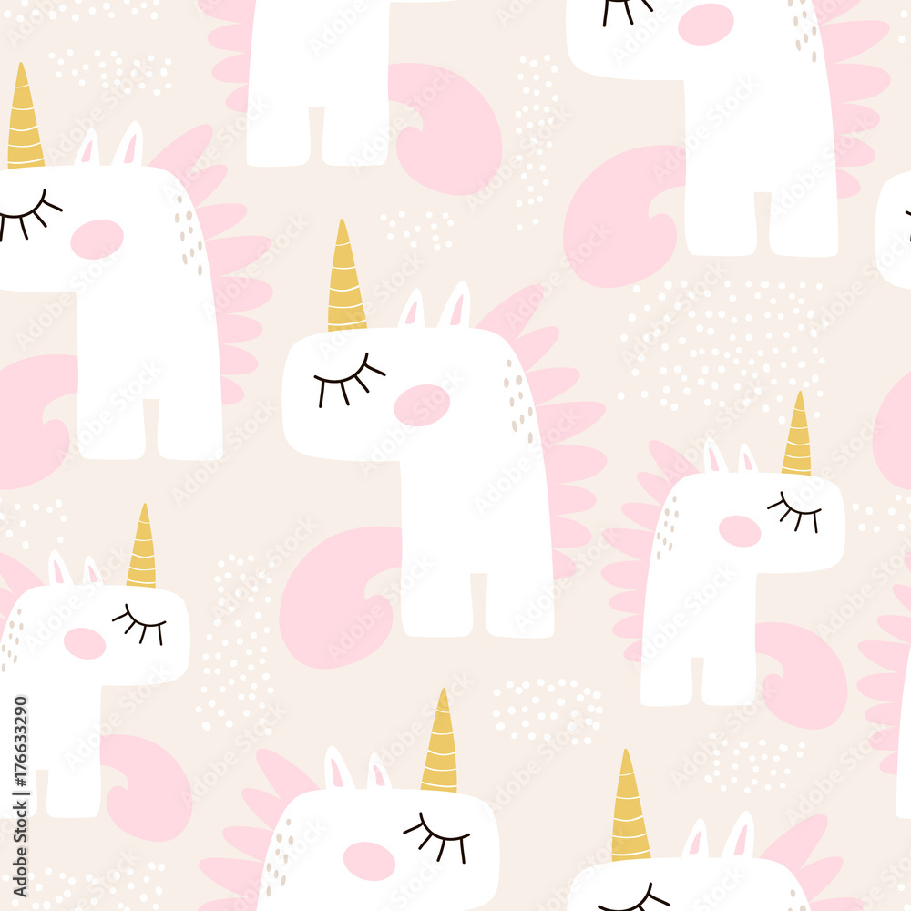 Cute seamless pattern with fairy unicorns. Childish texture for fabric, textile. Scandinavian style. Vector Illustration