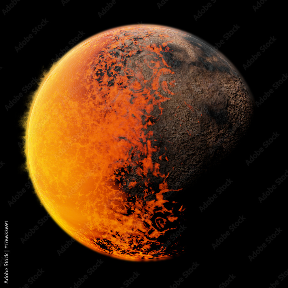 Fototapeta premium tidally locked exoplanet with a molten and a rocky side, isolated on black background