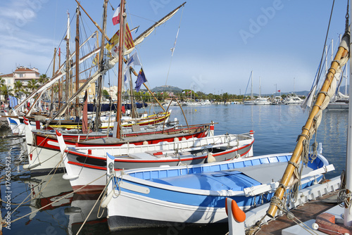 Traditional wood boats in the port of Sanary-sur-Mer, commune in the Var department in the Provence-Alpes-Côte d'Azur region in southeastern France.