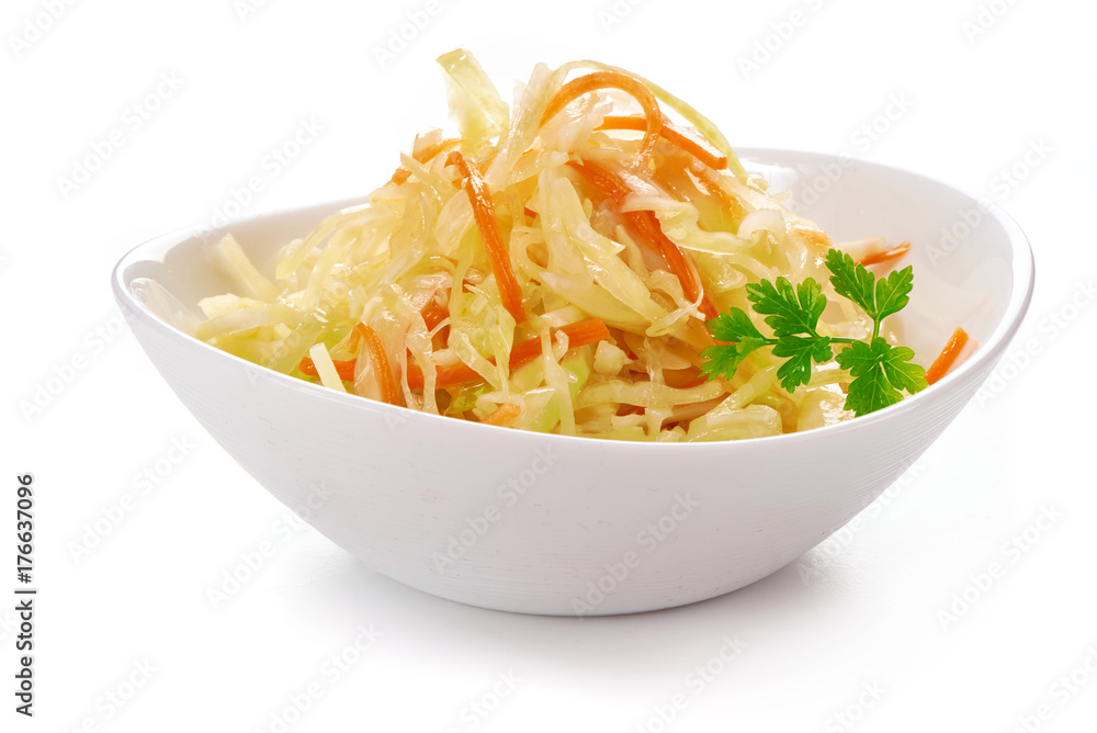 Cabbage salad with carrots, in white bowl Cabbage salad with carrots, in white bowl
