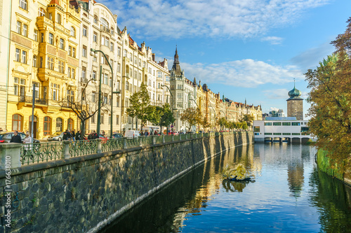 Embankment of Masaryk in Prague in the Czech Republic. Shitkov water tower photo