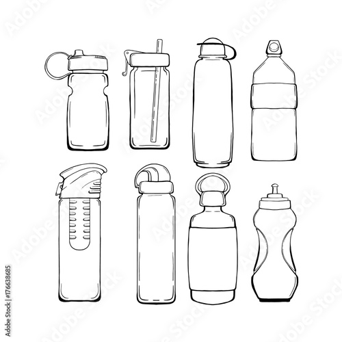 Hand-drawn vector set of eight variations of fitness bottles for water. Element for web design and printing on the theme of healthy lifestyle, sport and beauty. Elegant black and white linear pattern