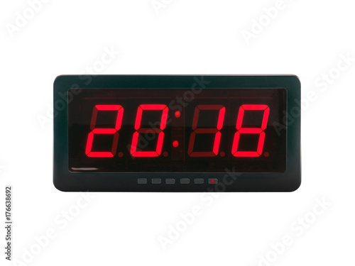 close up red led light illumination numbers 2018 on black digital electric alarm clock face isolated on white background, time symbol concept for celebrating the New Year