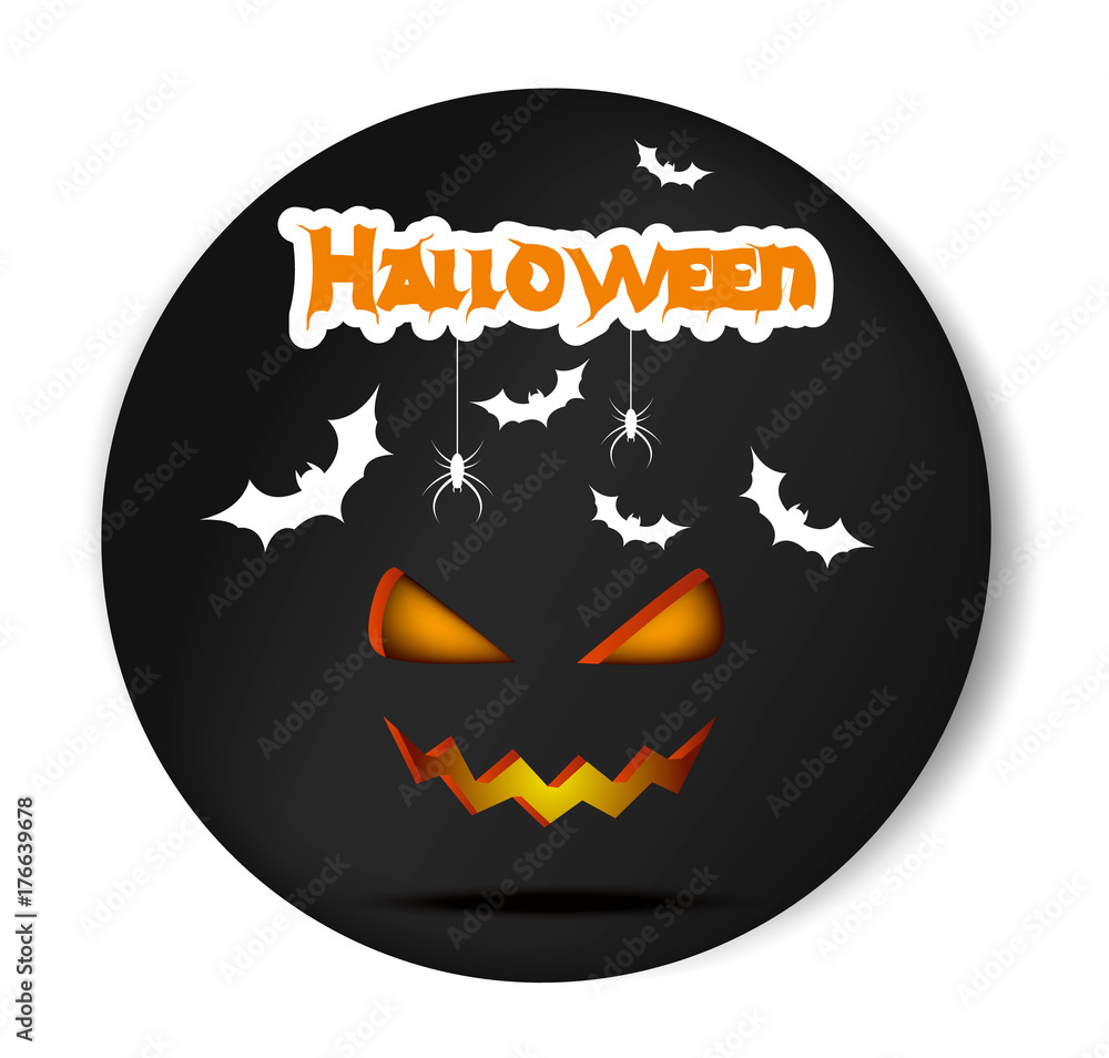 Pumpkin Smiling Halloween vector black sticker. Illustration for greeting cards, party invitation, posters, labels and banners