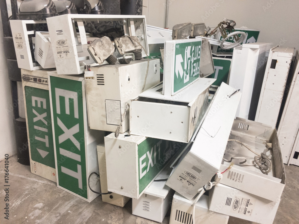 Pile of fire signs, exit sign, fire escape Stock Photo | Adobe Stock