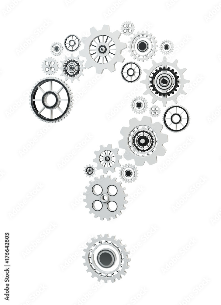 3D rendering gear icons question mark flying 3D rendering gear icons question mark flying