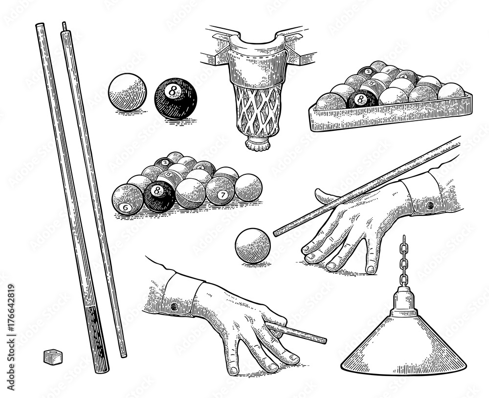 Fototapeta premium Set billiard. Stick, balls, chalk, pocket and lamp.Vintage black engraving