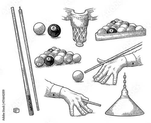 Set billiard. Stick, balls, chalk, pocket and lamp.Vintage black engraving