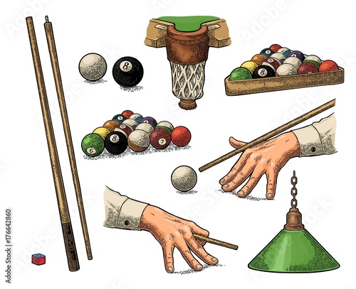 Set billiard. Stick, balls, chalk, pocket and lamp.Vintage black engraving