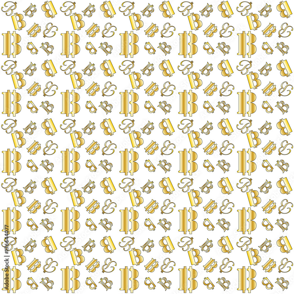 illustration background image of the symbol of the symbol bitcoin in various designs with yellow gradients in different fonts in a chaotic order on a white background