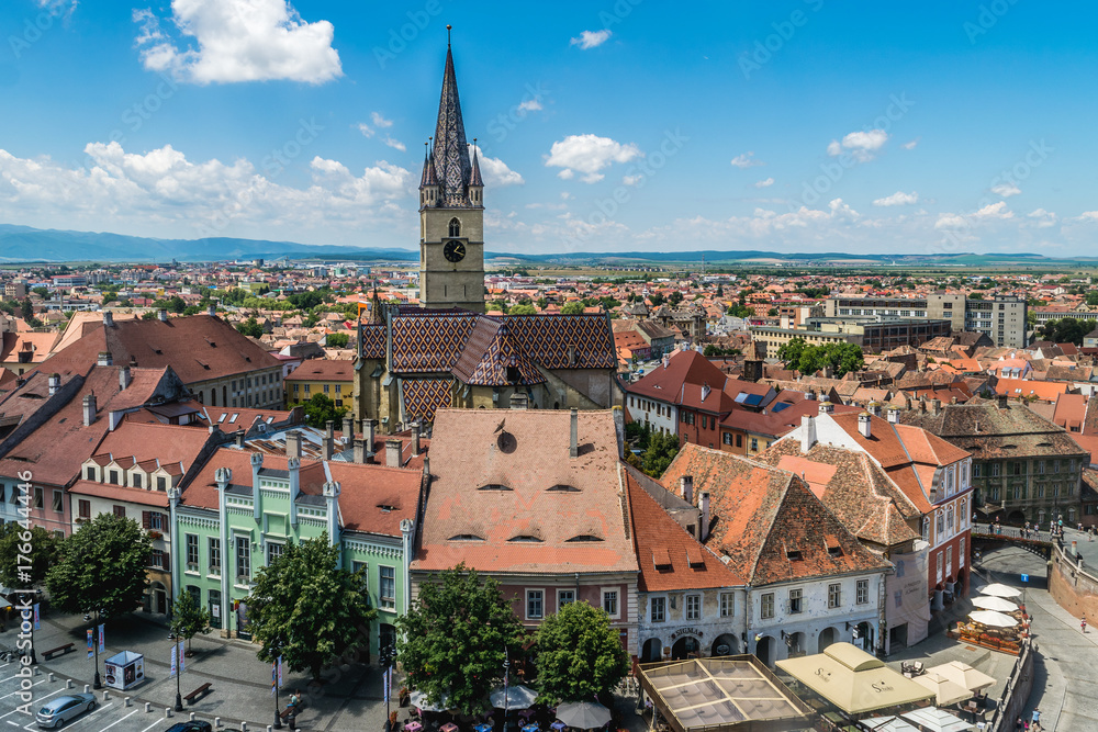 Overview of Sibiu, view from above, Transylvania, Romania, July 2017