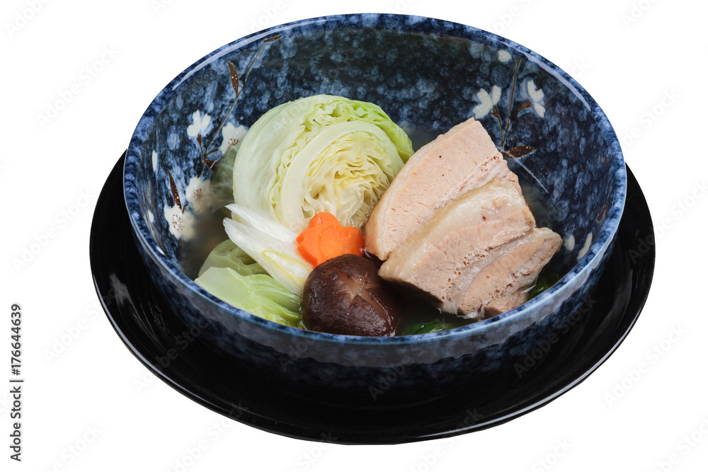 Isolated Pressure cooker pork belly Kakuni with cabbage