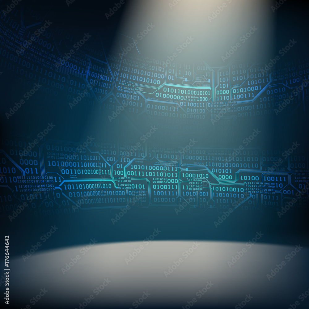 Abstract background with illuminated foreground and strips of binary code and printed circuit boards, concept of digital technologies of the future Abstract background with illuminated foreground and strips of binary code and printed circuit boards, concept of digital technologies of the future