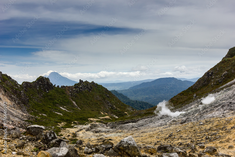 Volcanic fumaroles emitting Sulphur and steam on a bleak high volcano (Mount Sibayak)