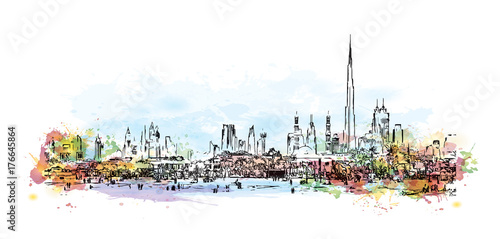 Watercolor splash with hand drawn sketch of Dubai Skyline in vector illustration.
