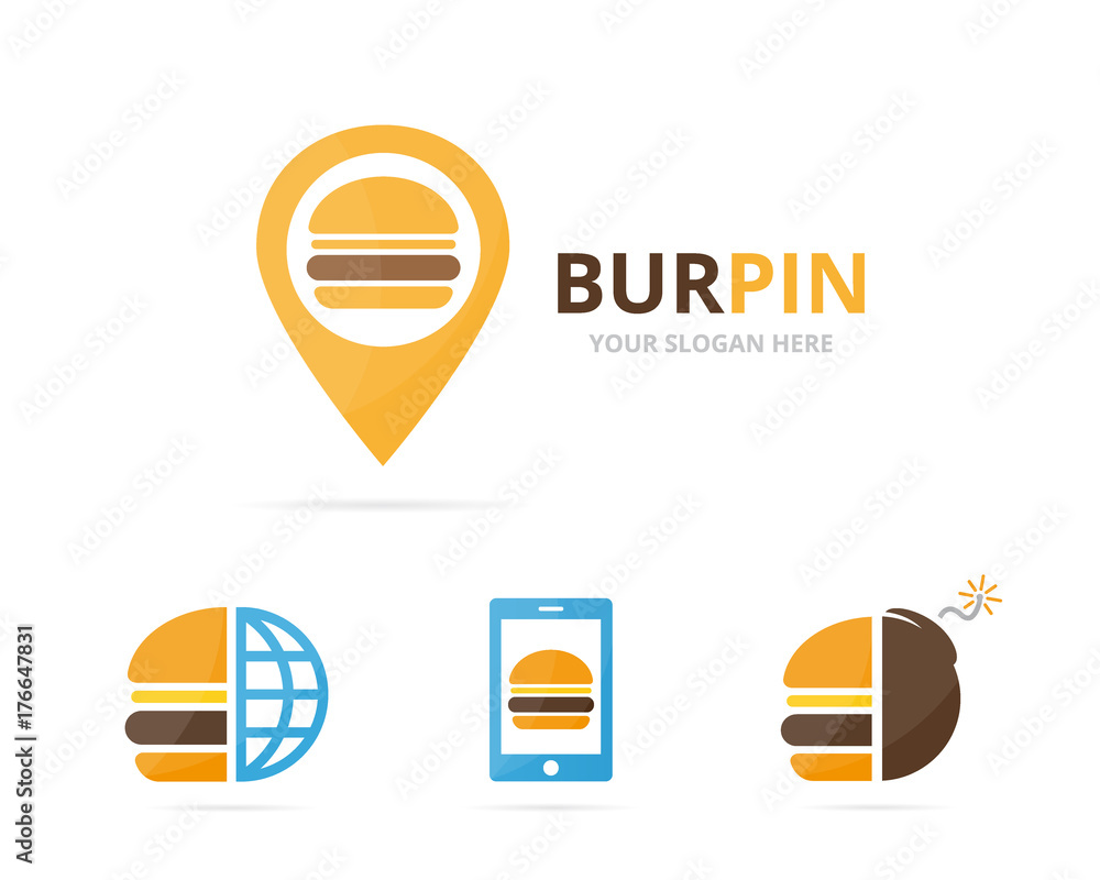 Set of burger logo combination. Hamburger and gps locator symbol or icon. Unique fastfood and pin logotype design template. Set of burger logo combination. Hamburger and gps locator symbol or icon. Unique fastfood and pin logotype design template.