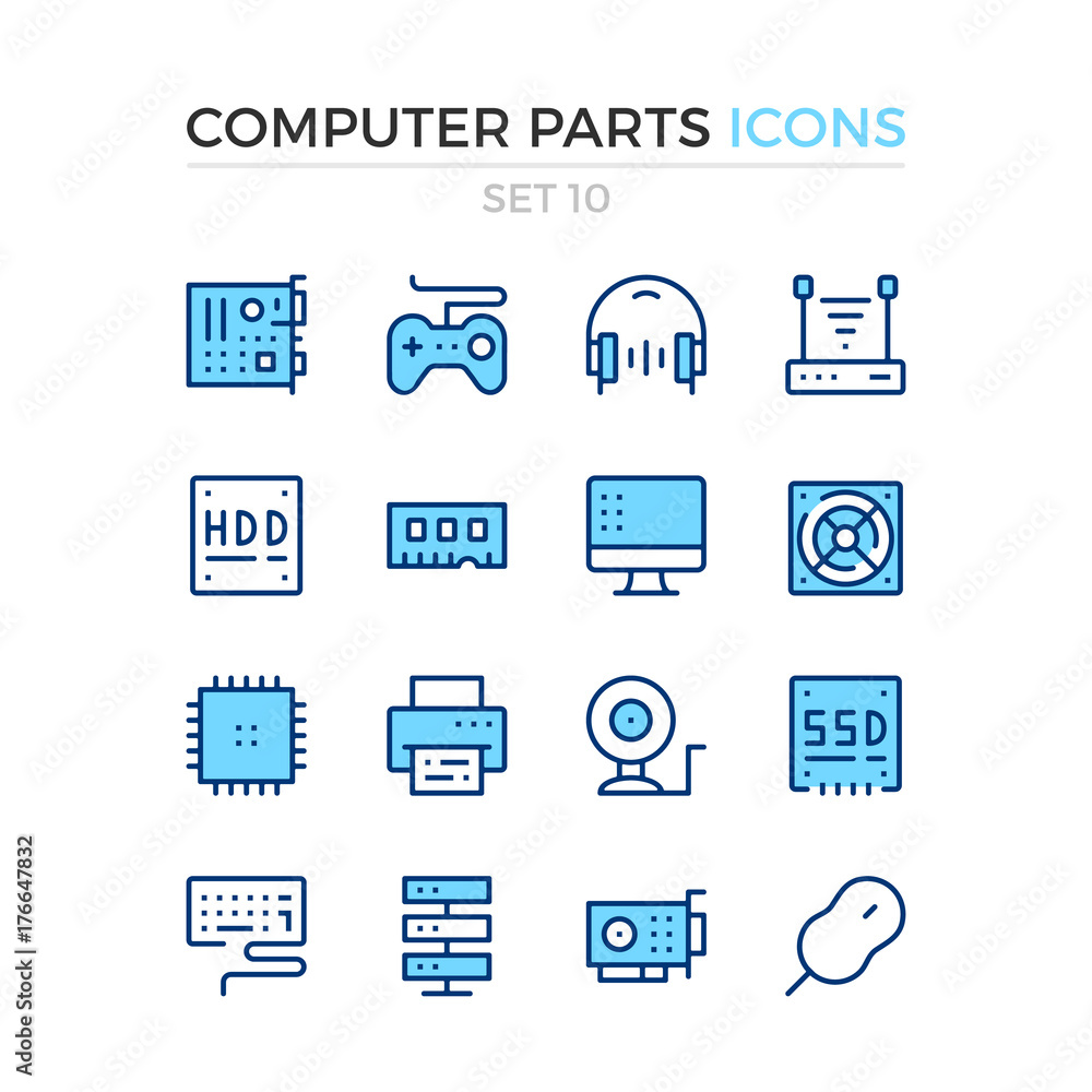 Computer parts icons. Vector line icons set. Premium quality. Simple thin line design. Modern outline symbols, pictograms Computer parts icons. Vector line icons set. Premium quality. Simple thin line design. Modern outline symbols, pictograms