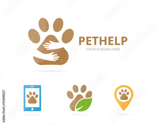 Set of paw logo combination. Pet and embrace symbol or icon. Unique vet and friendship logotype design template.
