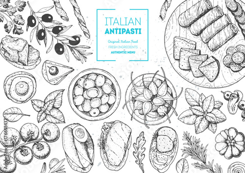 Italian food top view. A set of Italian Antipasti. Food menu design template. Vintage hand drawn sketch vector illustration. Engraved image photo