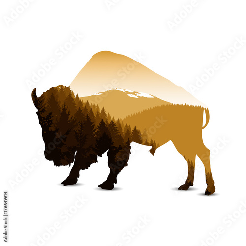 Silhouette of bison with autumn mountain panorama.