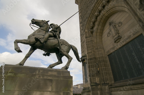 Border Reiver statue in front of War Memorial in Galashiels