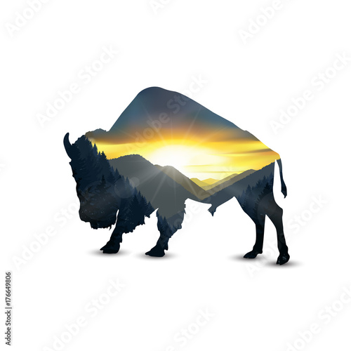 Silhouette of bison with colorful nature landscape.