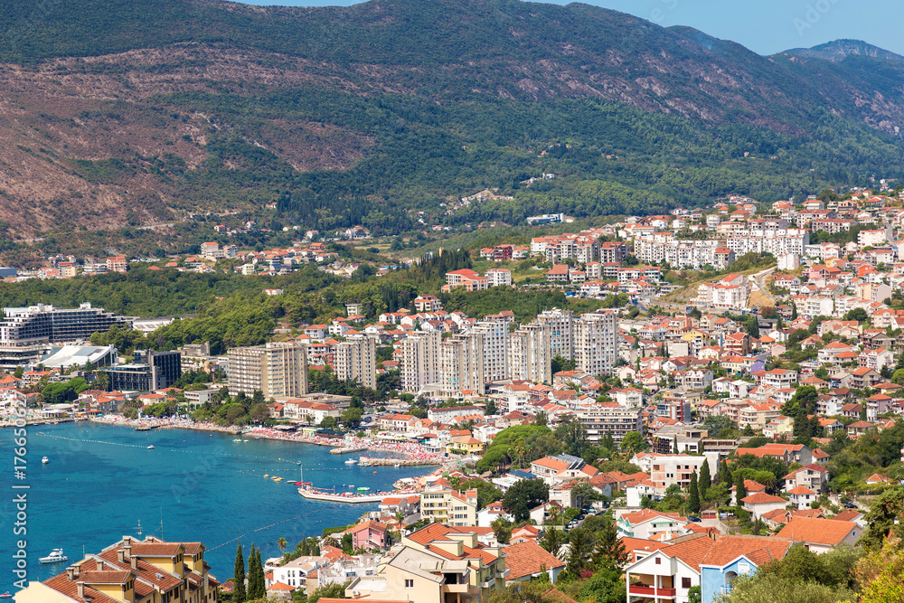 Herceg Novi, Montenegro. Panoramic shot. Beautiful top view on the town. Bay of Kotor (Boka Kotorska).