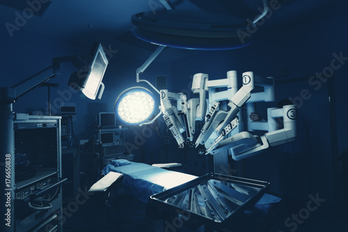 Tela Surgical room in hospital with robotic technology equipment, machine arm surgeon in futuristic operation room