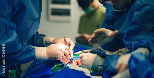 Team of surgeons make a dissection for aortic valve repair in cardiovascular minimally invasive surgery hospital center. Best health care managment in hospital with valve innovation minithoracotomy