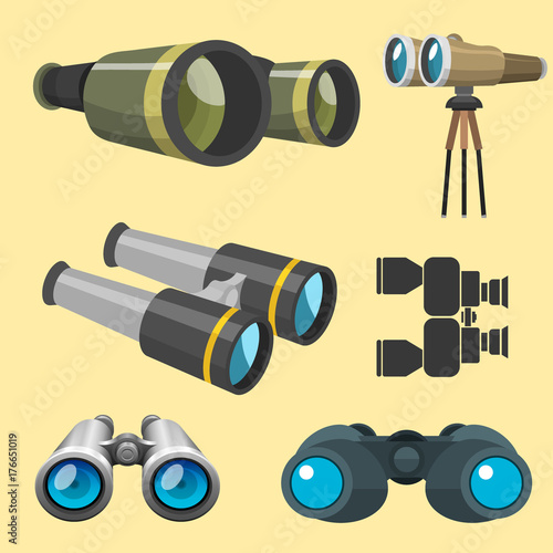 Professional camera lens binoculars glass look-see spyglass optics device camera digital focus optical equipment vector illustration