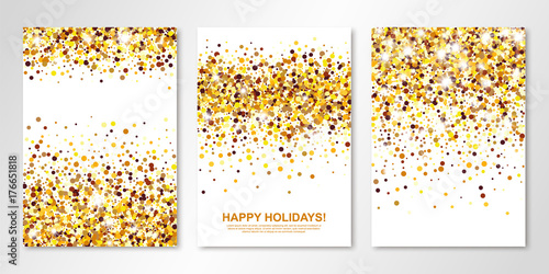 Banners set with gold confetti on white. Vector flyer design templates for wedding, invitation cards, save the date, business brochure design, certificates. All layered and isolated