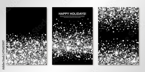 Banners set with silver confetti on black. Vector flyer design templates for wedding, invitation cards, save the date, business brochure design, certificates. All layered and isolated