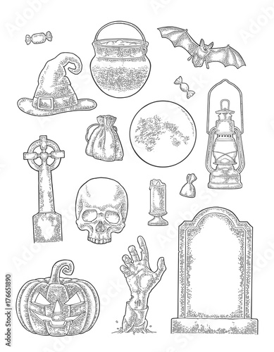 Set for Halloween Party. Vector vintage engraving
