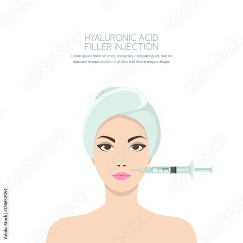 Cosmetology and beauty concept. Beautiful woman having rejuvenating injection against the wrinkles. Vector illustration of hyaluronic acid filler injections, botox, neurotoxin, mesotherapy procedures.