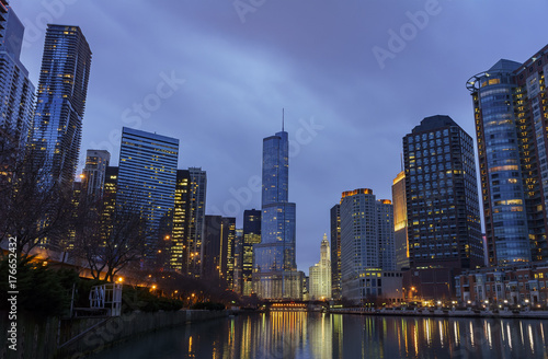 Night view of Trump International Hotel & Tower and Chicago skyline
