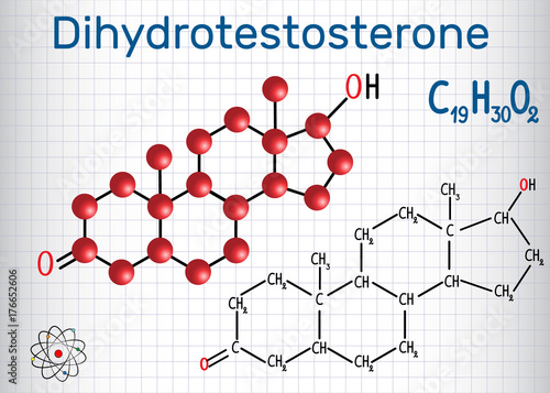 Dihydrotestosterone DHT (androstanolone, endogenous androgen sex hormone) - structural chemical formula and molecule model photo