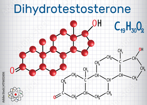 Dihydrotestosterone DHT (androstanolone, endogenous androgen sex hormone) - structural chemical formula and molecule model