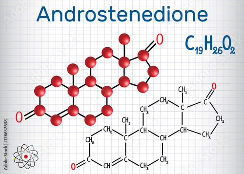 Androstenedione (androgen steroid hormone ) - structural chemical formula and molecule model. Sheet of paper in a cage