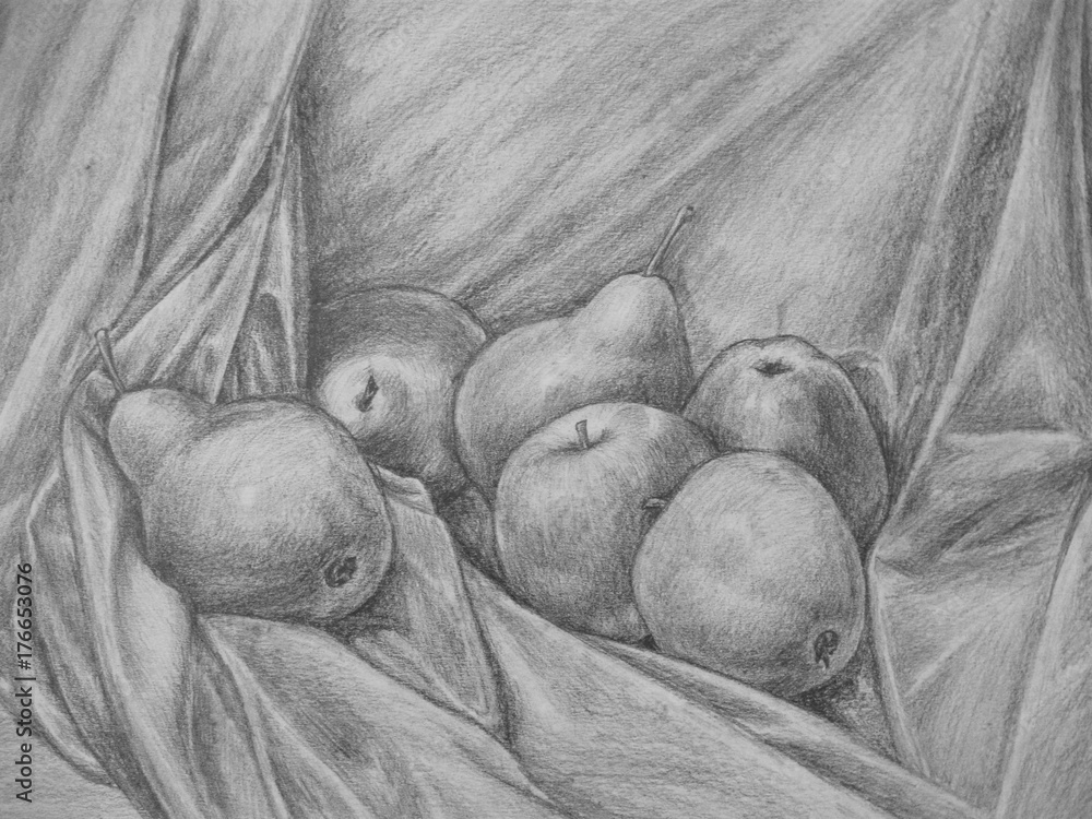 Obraz premium Still Life with apple and pear – pencil drawing