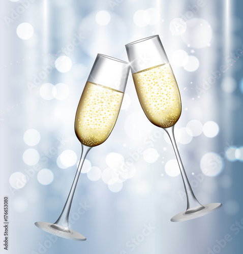 Two Glass of Champagne on Glossy Background. Vector Illustration