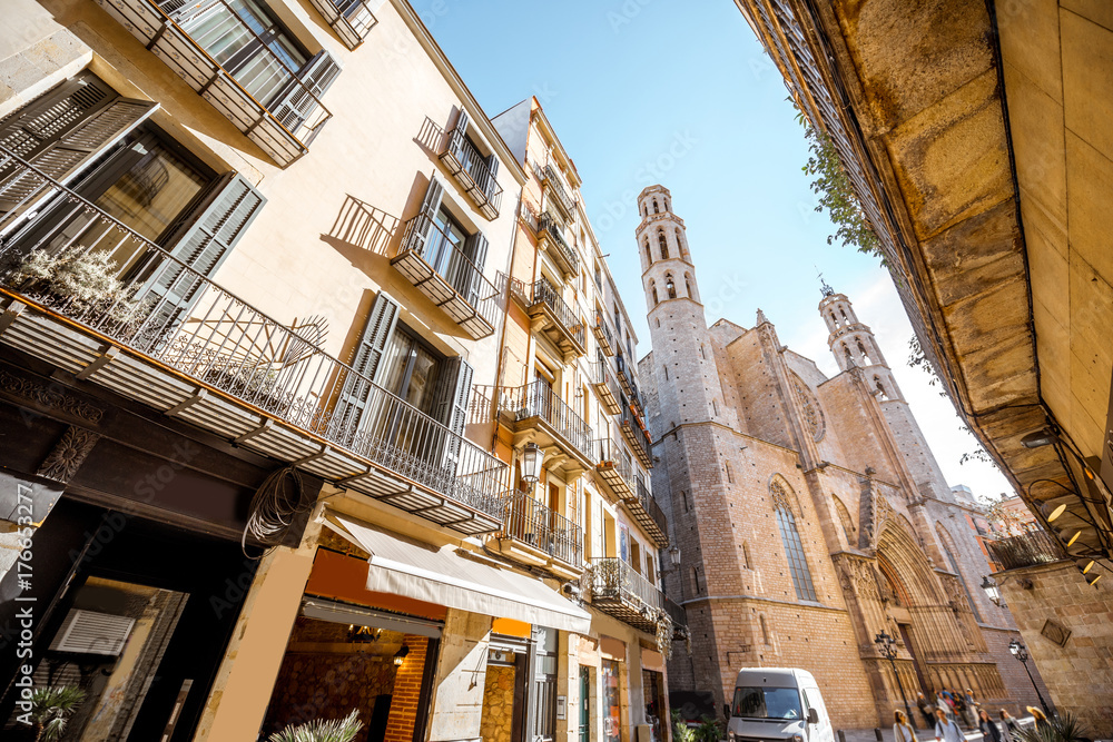 Street view on the old buildings and church in Barcelona city
