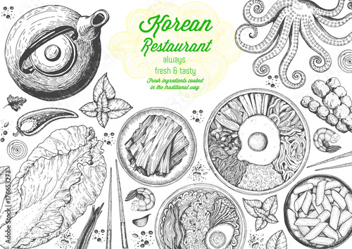 Korean food menu restaurant. Korean food sketch menu. Asian food background. Asian food poster. Set of dishes: bibimbap, kimchi, tteok-bokki, ramen. Vector illustration