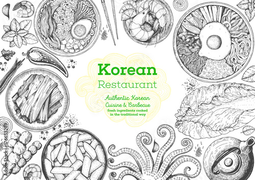Korean food menu restaurant. Korean food sketch menu. Asian food background. Asian food poster. Set of dishes: bibimbap, kimchi, tteok-bokki, ramen. Vector illustration.