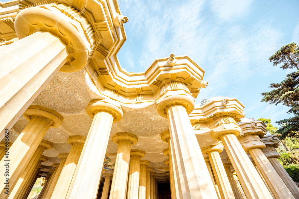 Fototapeta premium Vew from below on the beautiful columns of the main terrace in Guell park in Barcelona