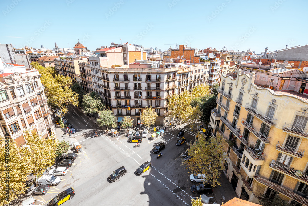 Top view on residential buildings on the street in Barcelona city